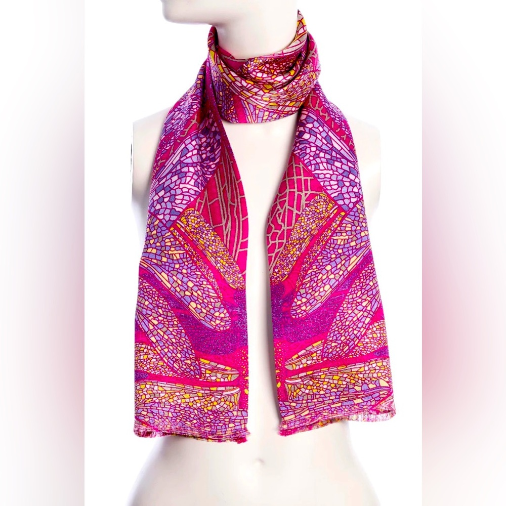DRAGON-FLY SCARVE 💯 silk new Double view scarf with hand frayed fringe.
